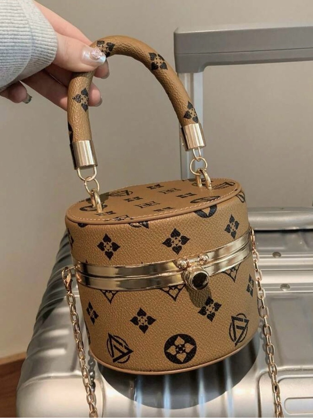 Kohl's Tan Patterned Mini Top-Handle Crossbody with Gold Trim